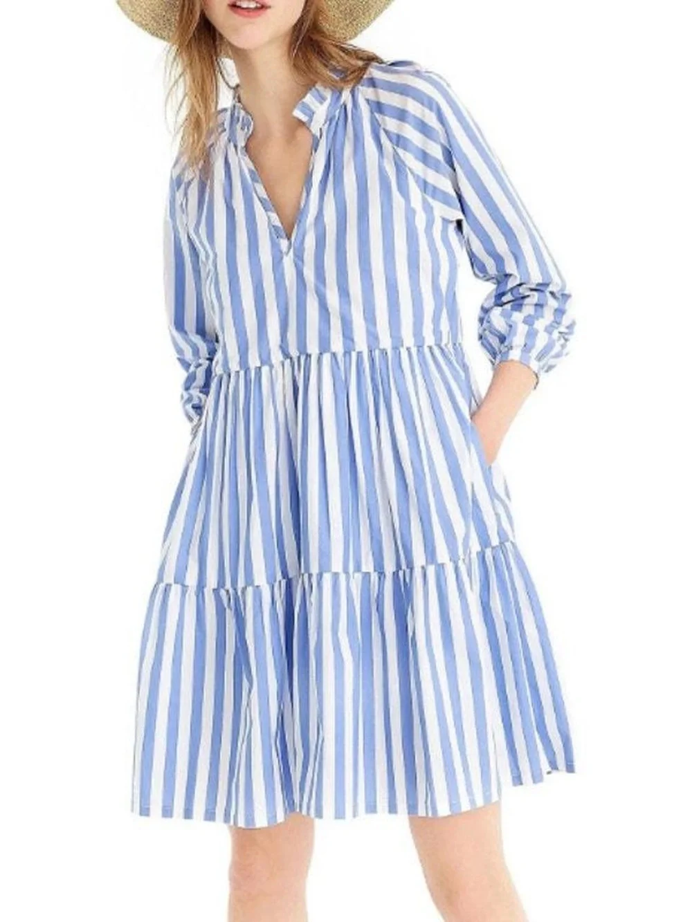J Crew Tiered Popover Dress Striped Cotton Poplin Large
